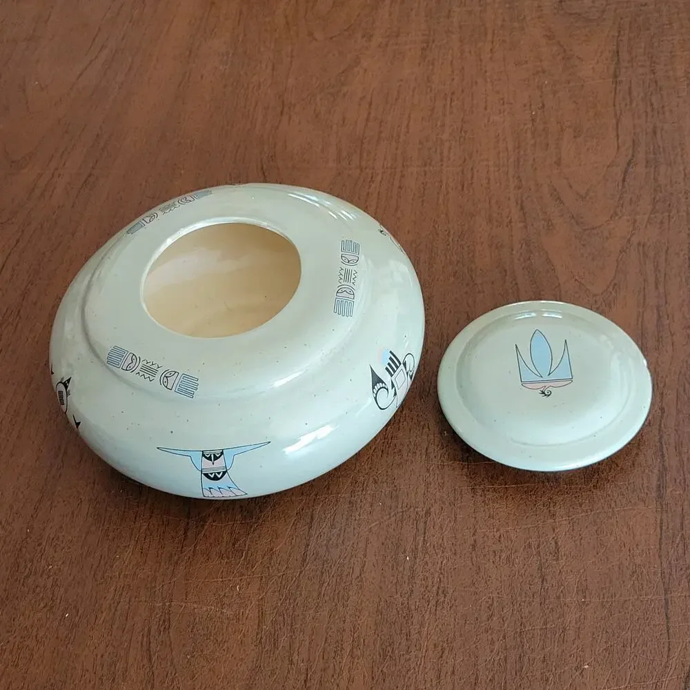 Vintage Native American stoneware pottery lidded bowl 1989